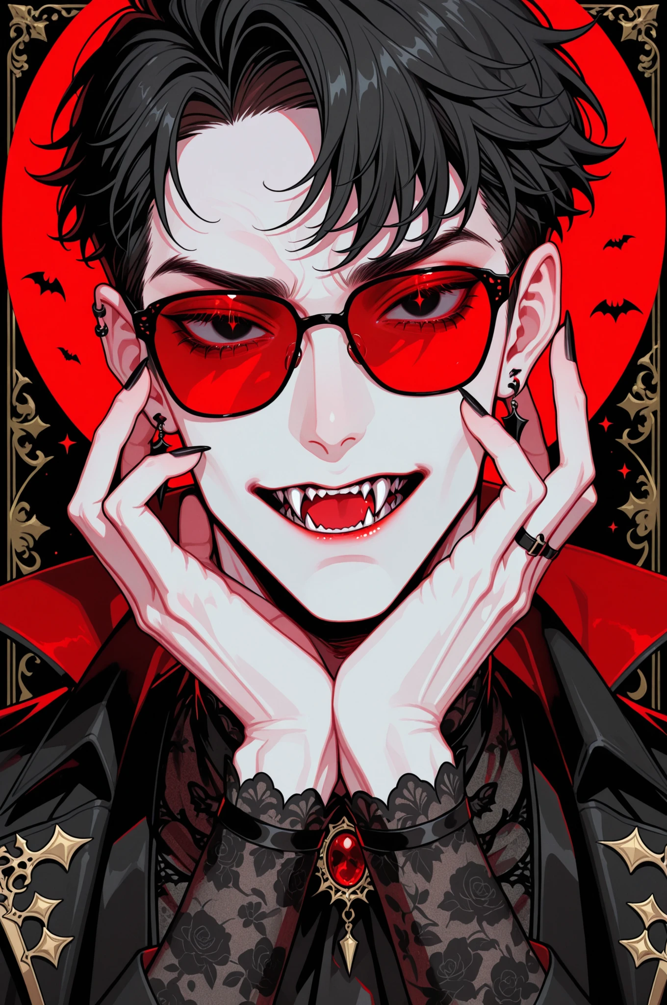 1boy, adult male, digital portrait of a fashionable anime male vampire with black hair, fangs, and goth clothing; his black eyes are hidden behind red sunglasses, his nails are long and clear, his accessories are ornate and detailed, dramatic, stylized with black and red color palette with detailed textures emulating digital illustration, ultra-detailed, intricate details,masterpiece, best quality, amazing quality, hyper-detailed, newest, very aesthetic
