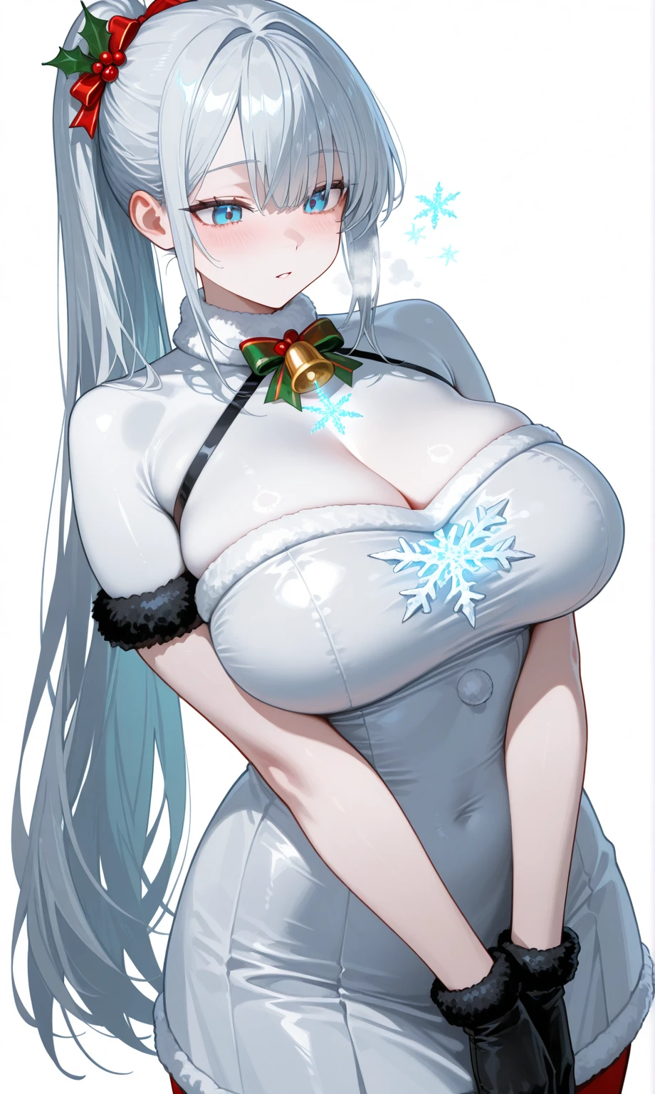 a very cute anime girl is in the form of a bunny rabbit, 1girl, breasts, solo, animal ears, covered navel, rabbit ears, white hair, long hair, sideboob, blue eyes, large breasts, hair ornament, looking at viewer, thighs, fur trim, bangs