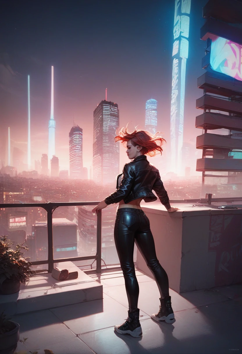 Award-winning photo from the waist up, red-haired woman showing her face, alone, from the torso up, with cybernetic enhancements with tattooing of magical symbols, in front of cyberpunk buildings, vibrant, photorealistic, hyper-realism, strong impressionist painting style, 1,618, elegant, ethereal, intricate, elaborate, hyper-realism, hyper-detailed, strong expressiveness and emotionality, cinematic lighting, visual clarity