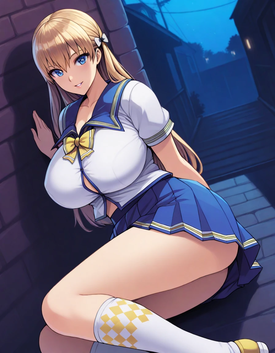 ​masterpiece、top-quality、Hi-Res、NSFW、((She wears lace white panties、Cameltoe))、(Hats、band uniform、sleeveless、white glove、Pleated skirt、Knee Boots)、(spread legs,m legs,squatting with legs open）、Bring the subject to the fore、upper body、outside of house (1girl in, Solo), make up, Parted lips, ighly detailed, Gorgeous perfect face, ((Huge breasts、((teats 、big areolae:1.4))Constriction、nabel)), (Skindentation), Average waist, tall, Luscious red lips, (platinum-blonde-hair), blue eyess, Shiny skin,Very shiny skin、 Blushing, (Adult seduction) , Curve, (Seductive Dynamic Poses) (hanging breasted) , (disproportional tits), lustful gaze, Sultry woman