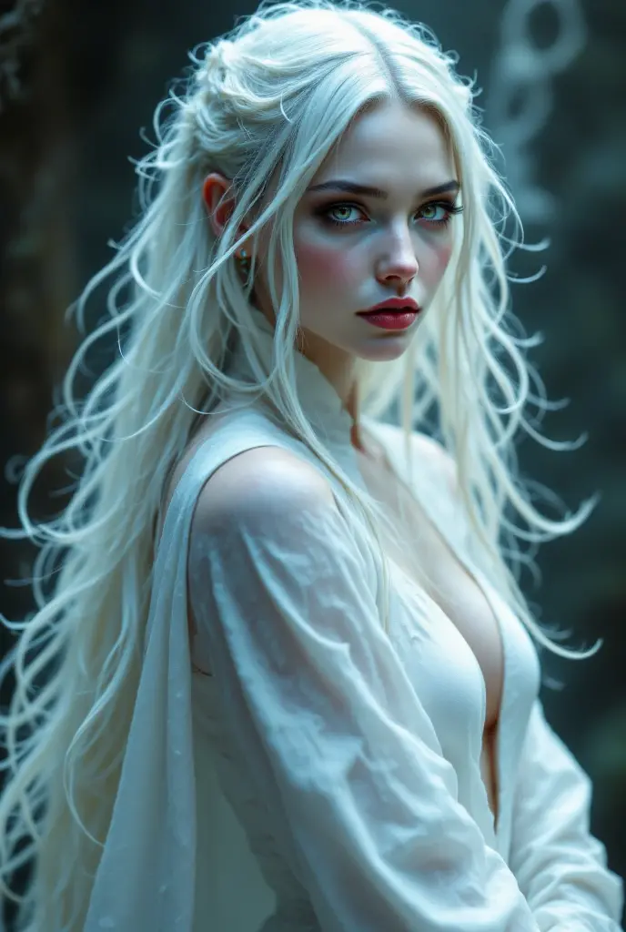Elf female, white hair, cat eyes, big breasts, slim waist, full body, from head to toe, highly detailed, very realistic,