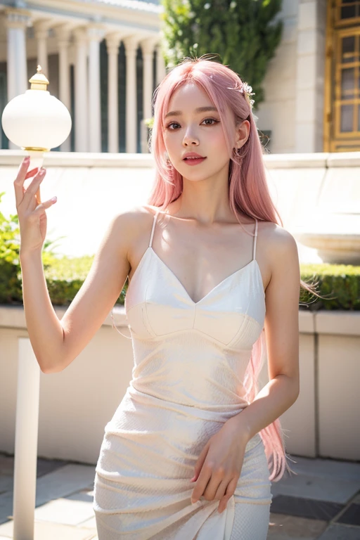 8k, masterpiece, RAW photo, best quality, photorealistic, extremely detailed CG unity 8k wallpaper, Depth of field, Cinematic Light, Lens Flare, Ray tracing, (extremely beautiful face, beautiful lips, beautiful eyes), intricate detail face, ((ultra detailed skin)) 1girl, in the dark, deep shadow, pretty korean girl, kpop idol,(very slim slender fit-muscled body:1.3), ((looking at viewer)),(big smile:1.3), (tight mini dress), (shot sleeve) , (dim lights, (neon sign), (big building), city night, cityscape ), (without people in the background:1.3), pretty korean girl, earrings, bracelets, dia necklace, pantyhose, clear eyes, walking , front shot, (pale skin), face forward, (big eyes), ((upper body shot)), ((silk Laced)), ((pink, white color dress:1.3)), (looking at viewer:1.3), (see through, laced dress), open breasts, Hermes bag