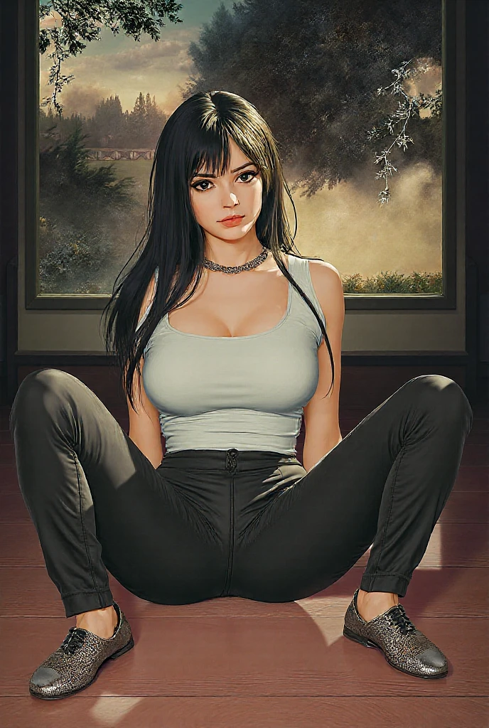 Hinata Hyuga in white pants propped up on a chair, roupa apertada, 18 anos, traje apertado, bunda grande, pernas grossas, pose sexy, pose atraente, Pose casual, pose lateral, jeans preto extremamente apertado, pose muito sexy, menina bonita, sentado em uma mesa, usando roupas simples e apertadas, 2 Modelo feminina de 4 anos, Garota brasileira, leggings brancas, Asian women