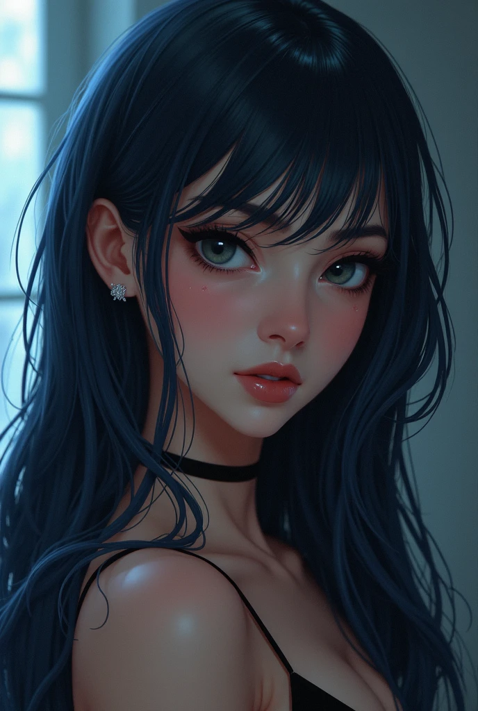 anime girl 20 years old with narrow yellow eyes, a smoll mole under the eye, bruises under the eye, inconspicuous freckles on the nose, straight dark purple-blue hair below the shoulders, long bangs covering the left eye, pale skin, tired look, breasts of the second size, low height, 4k