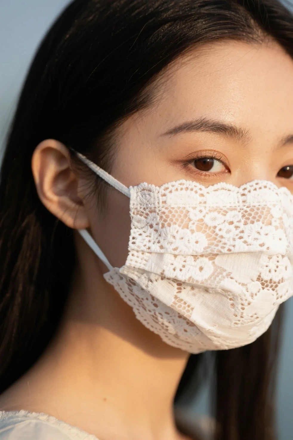 (RAW photo, Best quality), (Realistic, photo-realistic:1.2),High quality, (highdetailskin:1.4), 1girll,White lace face mask, White lace dress