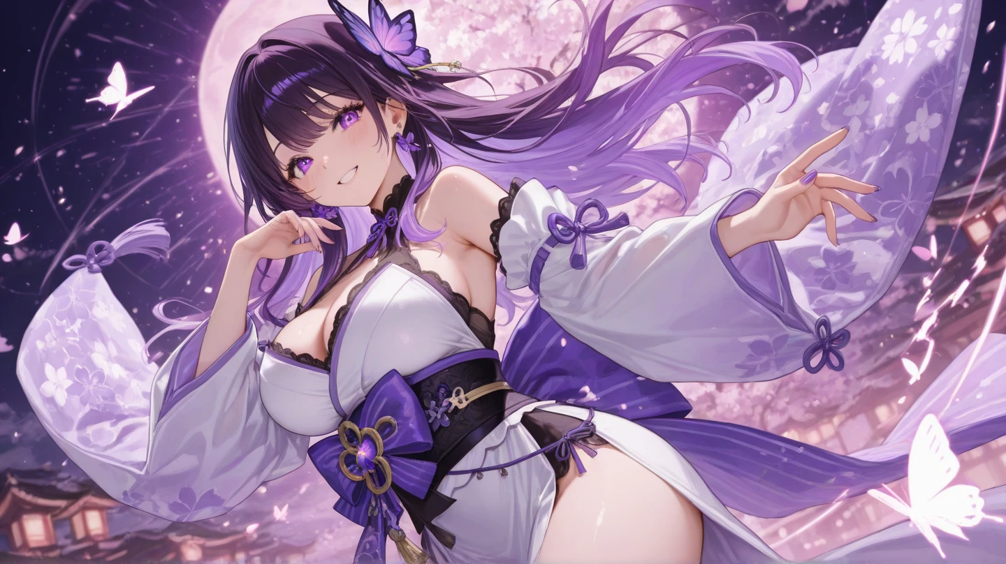 smiling、、Beautiful Eyes、long purple hair、gradient color hair、、beautiful woman、big breasts、Japanese costume、Sheer sleeves 、butterfly、earrings,Beautiful fingertips