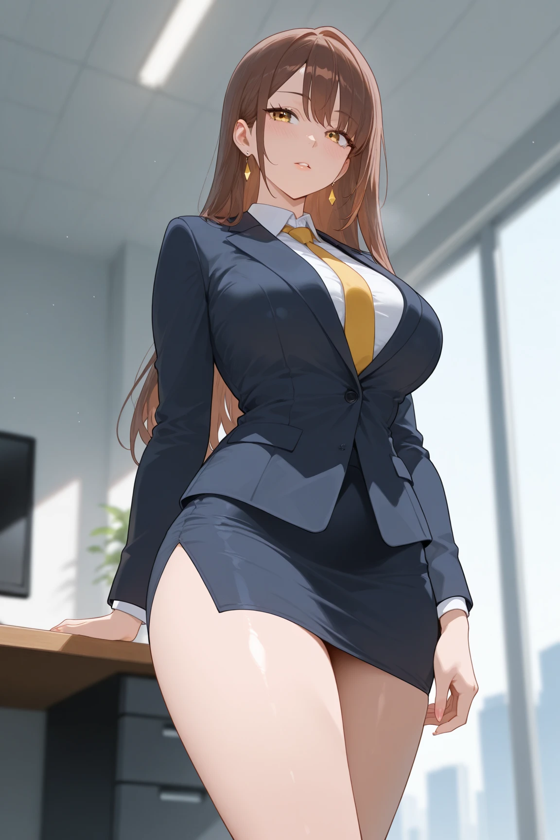 ((High resolution)), masterpiece, high quality, 最high quality, beautiful, Perfect lighting, Detailed face, Super cute face,, ((One girl)), ((alone)), Fluffy hair, Long Hair, blue eyes, ((blush)), Embarrassing, Nervous, shy, View Viewer,office lady ,suit,skirt,tights, (Thick thighs), (Wide Hips), ((Chubby)), (Chubby belly), Cleavage, ((Big Breasts)), 20-year-old female, standing in an office, (office), Daytime,((chubby))
