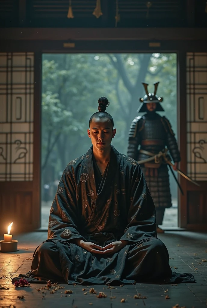 A naked man meditating in front of a pile of masks, Al estilo de Zhang Jingna, Fotomontaje, Hirohiko Araki, oriental, Sergio Toppi, Teatral, poster art