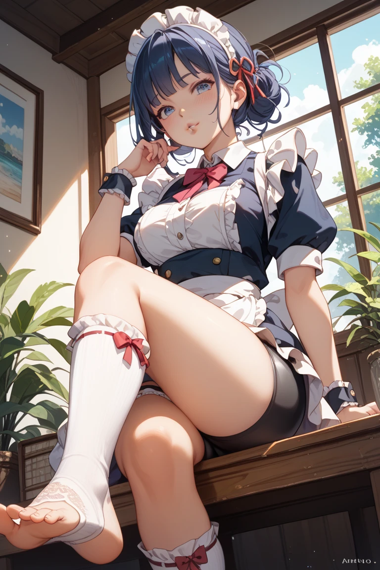 absurdres, RAW photo, extremely delicate and beautiful, masterpiece, Best Quality, ultra high resolution, 32k, hyperrealistic, ultra-detailed, delicate facial features, beautiful detailed woman, tearful mole, earring, medium breasts, (full body shot), medium hair, black hair, teacher, wearing a red and blue striped shirt, bootyshorts, Thicc, propeller hat, 