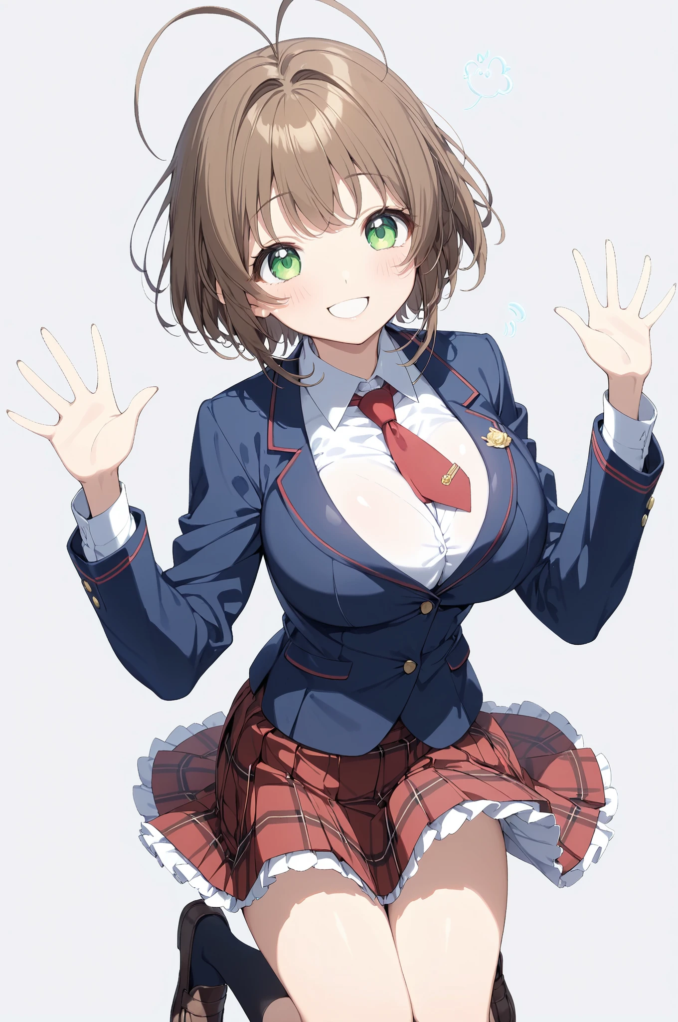 (high quality Animation Art, Super Best masterpiece, 16K, Highest image quality, super high resolution, super high degree of perfection of the work), 1girl, solo, 
(brown bob hair, antenna hair, bangs, stupid hair, hair intake , green eyes), (super very cute smile, Happy Expression), 
(very beautiful, delicate, and accurate female body movements, Very accurate proper movement of hands and feet, Super Big Breasts, cleavage-enhancing), 
School Uniform,  Navy blue blazer , Classical style with a white shirt, red tie , and red plaid skirt, formal look, Black Knee-High Socks, Arms on back, Black Loafers