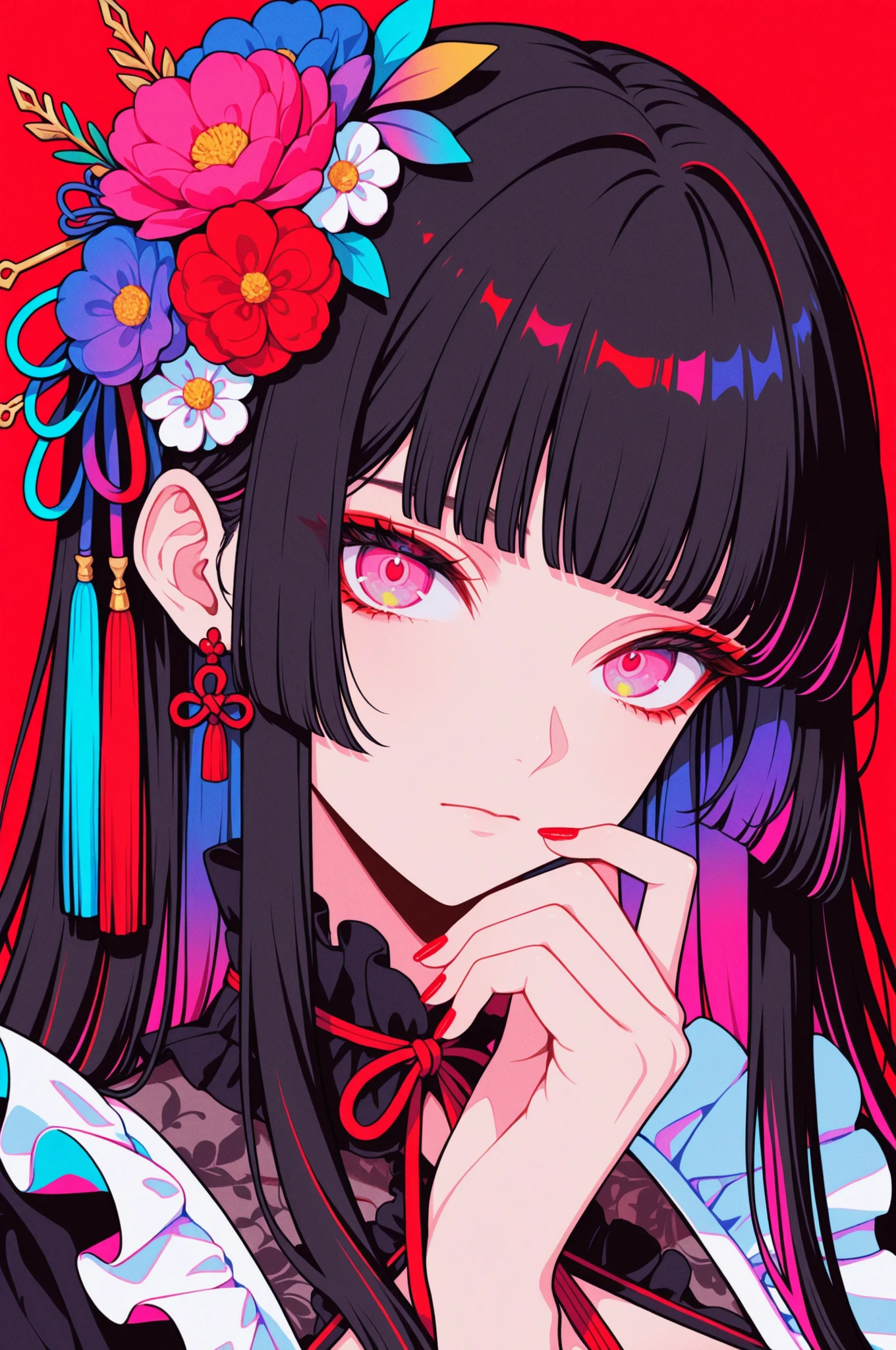 
woman, solo, red nails, looking at viewer, bangs, pink eyes, long hair, black hair, hair ornament, hand up, flower, blunt bangs, closed mouth, tassel, ribbon, portrait, colorful, red background, frills, multicolored hair, upper body,