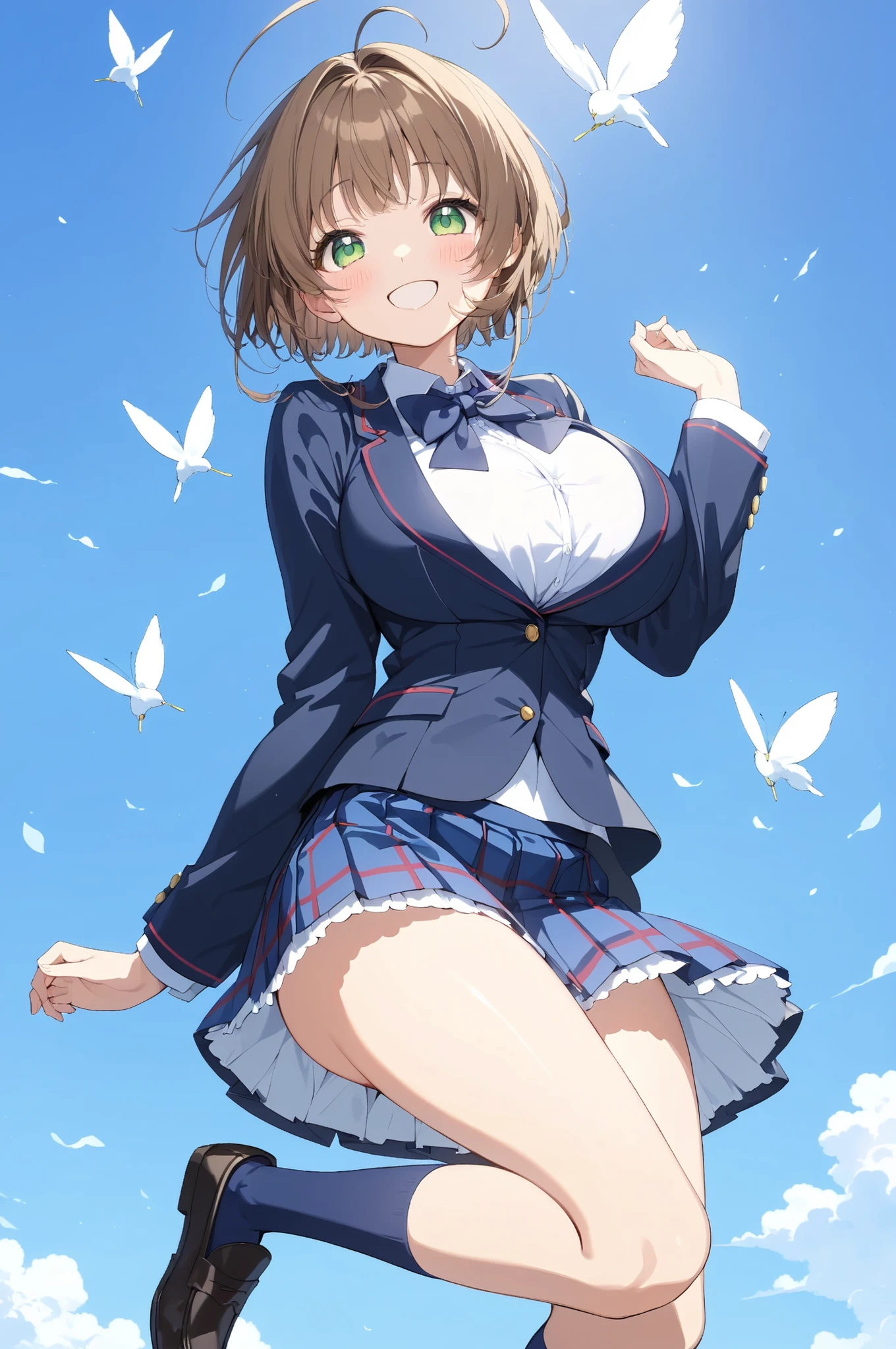(high quality Animation Art, Super Best masterpiece, 16K, Highest image quality, super high resolution, super high degree of perfection of the work), 1girl, solo,
(brown bob hair, antenna hair, bangs, stupid hair, hair intake , green eyes), (super very cute smile, Happy Expression),
(very beautiful, delicate, and accurate female body movements, Very accurate proper movement of hands and feet, Super Big Breasts, cleavage-enhancing),
School Uniform, Navy blue blazer , Classical style with a white shirt, Blue Thai , and blue plaid skirt, formal look, Light blue knee socks , Arms on back, Black Loafers