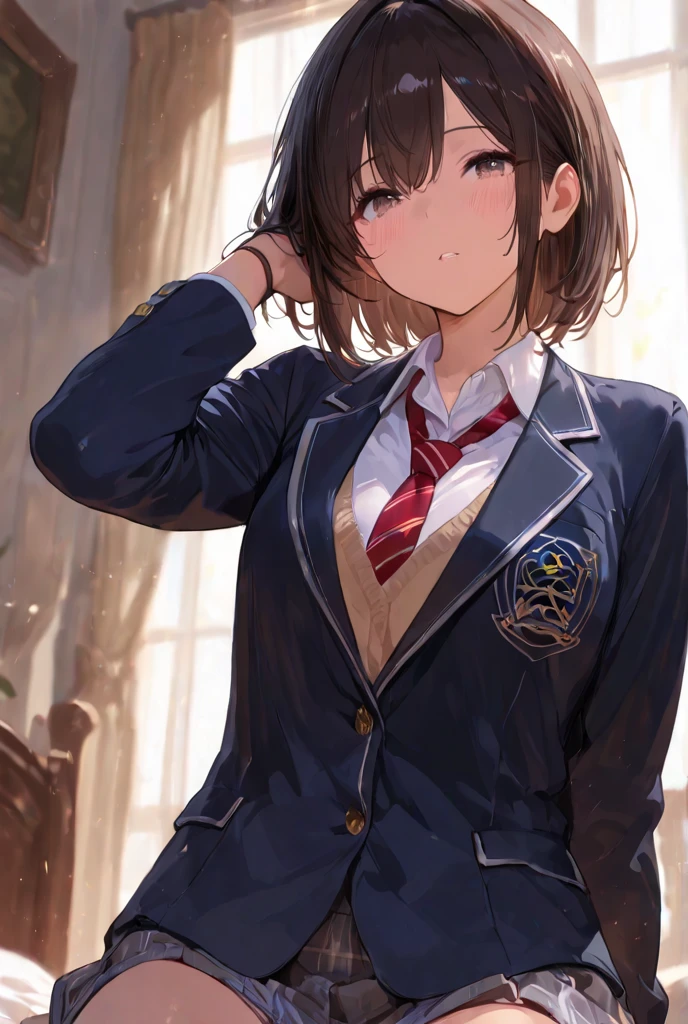 brown hair in a ponytail, prestigious black highschool uniform, smiling, blue sky, park background, black eyes