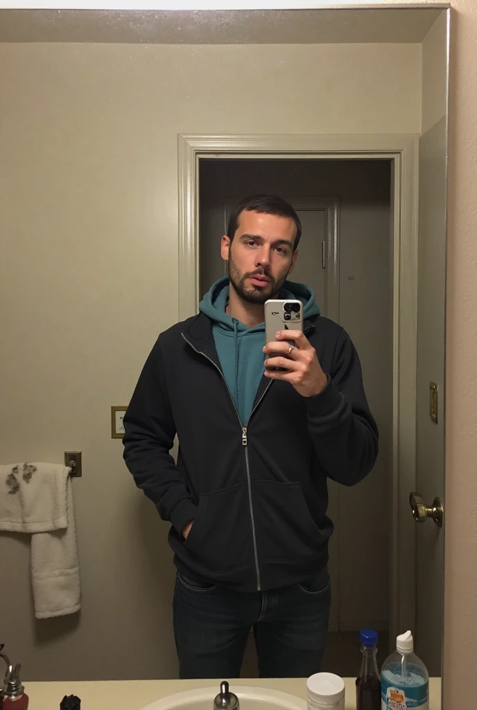 Handsome man , light beard, hot muscular body , medium curly hair , mirror selfie, quality like its taken by iPhone 12 , , wearing black bathrobe