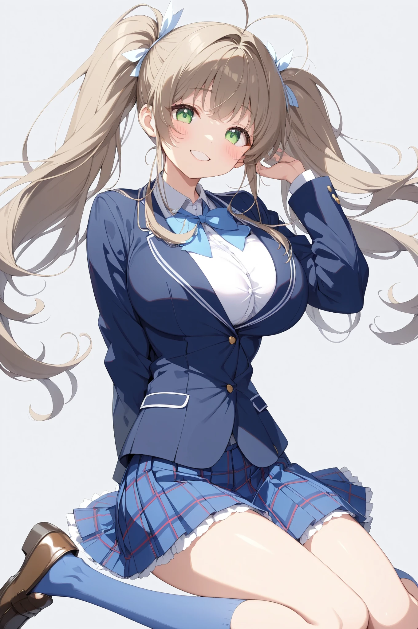 (high quality Animation Art, Super Best masterpiece, 16K, Highest image quality, super high resolution, super high degree of perfection of the work), 1girl, solo,
(Brown semi-long hair, antenna hair, bangs, stupid hair, hair intake , green eyes), (super very cute smile, Happy Expression),
(very beautiful, delicate, and accurate female body movements, Very accurate proper movement of hands and feet, Super Big Breasts, cleavage-enhancing),
School Uniform, Navy blue blazer , Classical style with a white shirt, Blue Thai , and blue plaid skirt, formal look, Light blue knee socks , Arms on back, Black Loafers