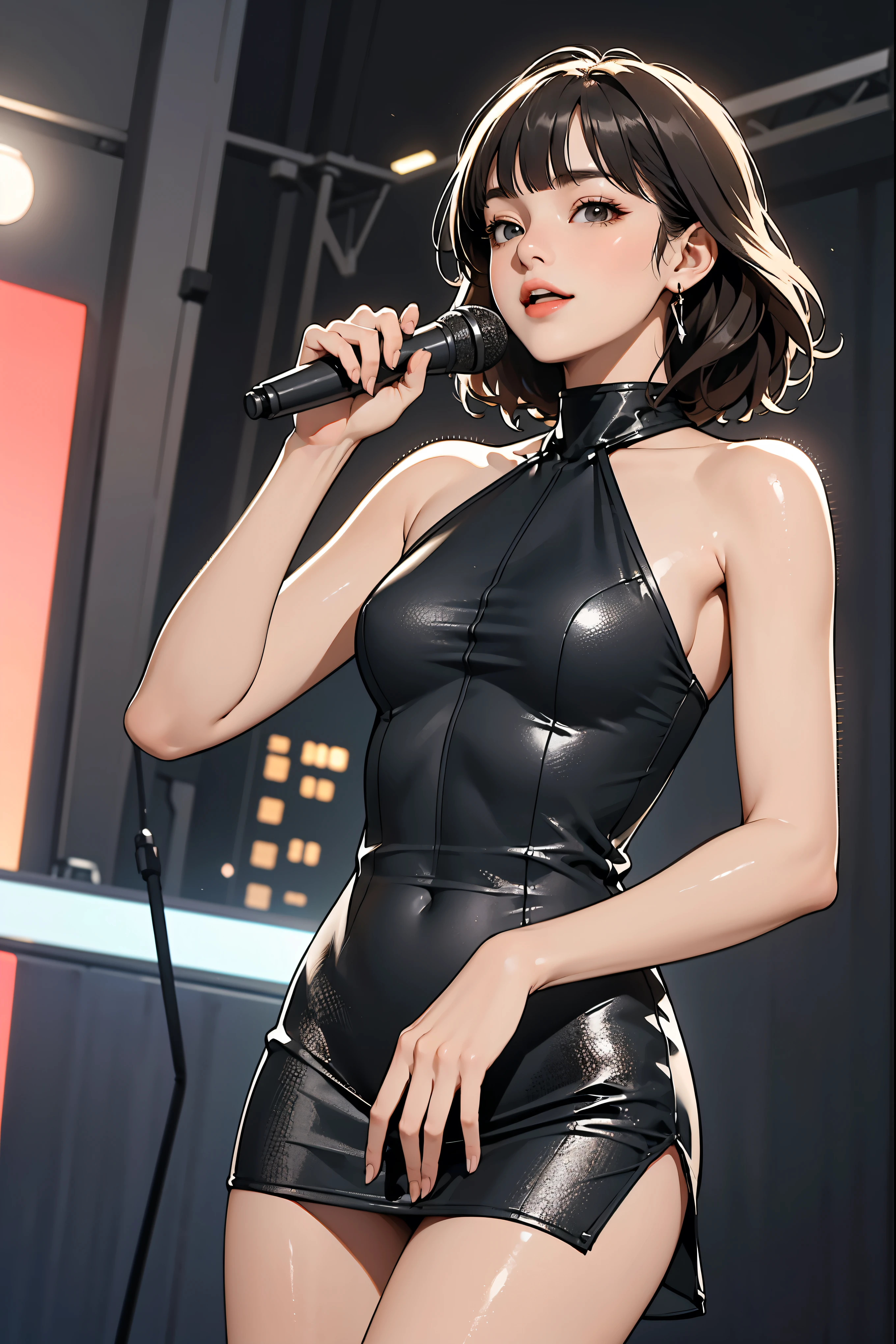 [fashion accessories], (Two female idols are singing with microphones on stage:1.5), ((Shorten your head, Reduce the volume of your hair, Dark Brown Blunt Bangs )), ((slender eyes, hazel eyes,  white skin)), bigger breasts with more definition, ((black halter neck mini dress:1.5)), Small silver earrings , ((Highest Quality)),  clear , Photo style, (low angle, Looking Up at Female Idols from Under the Stage,  tilt composition), (cowboy shot:1.5), Panchira, Exposing thighs , smile