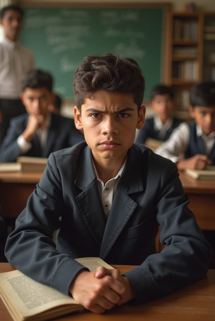 Young boy studying on his desk and there are a lot of books on that desk the background is dark the boy is stressed. Highly detailed and realistic image