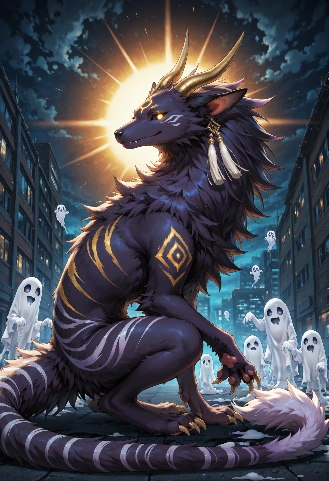alone, score_9,score_8_up,score_7_up,Urban Legend Girl, ((feral)), female, Eothos, looking at viewer, fluffy fur, furred dragon, golden mark on forehead, front half of body black with golden stripes, black long black ears, long straight golden horns, golden glowing eyes without pupils, two purple stripes under eyes, golden eyebrows, long white claws on paws, long purple tail with white stripes, white tassel at end of tail,seductive, fluffy, fluffy fur, ((ghosts)), side view, urban background, detailed background