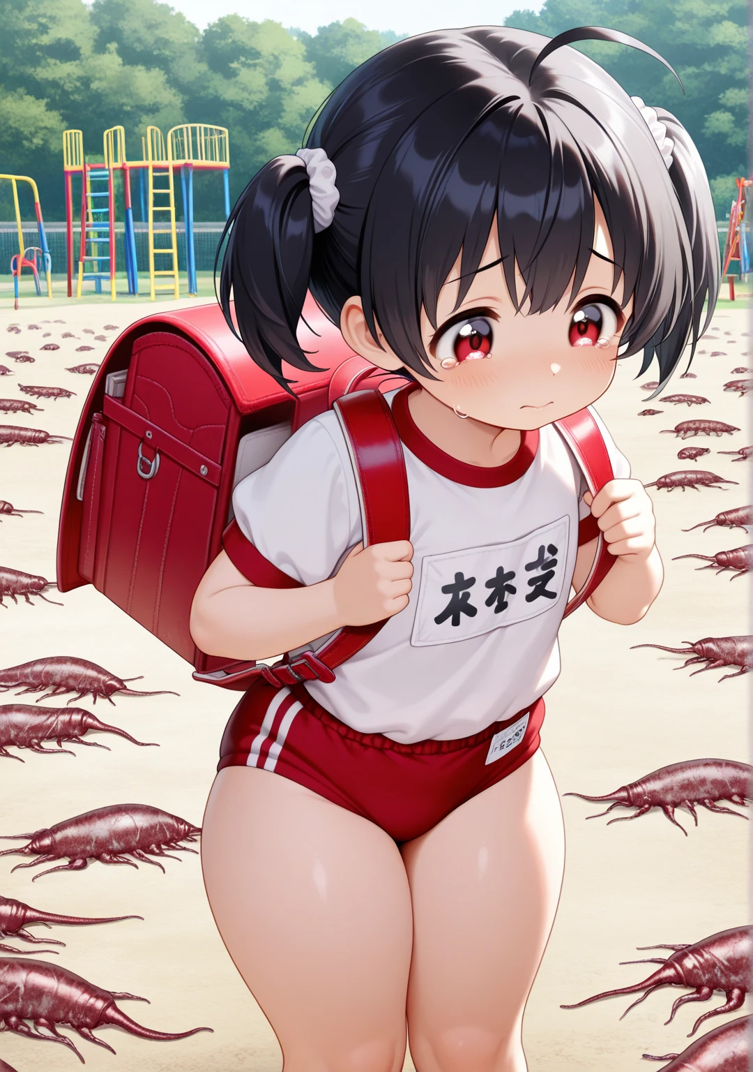 masterpiece, Highest quality, Nico_Yazawa,High resolution, 1 Girl, alone, Brown Hair, short hair, Twin tails、Purple eyes, , , (Cleavage)、(Beautiful thighs), Carrying a red backpack, (randoseru backpack:1.2) Sweaty、Thick thighs、Highest quality、4K、1girl, 8years old, loli, cute, grin, (Surrounded by men in the park))、、Thick thighs、Men with their penises out, surrounding a girl、Semen from the penis、Bukkake、Bukkake、(Bukkake)projectile cum、Blowjob、Lots of passersby、Ahegao、low length、、、Handjob、bandaids on nipples,bandaid on pussy,(groin:1.1)、、Spread your legs、(embarrassed,blush:1.3)(Handjob)(Blowjob)