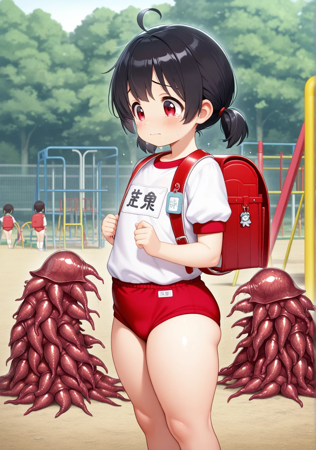 masterpiece, best quality, expressive eyes, perfect face, a toddler get transformed into a toddler cuntboy, solo, surpriced, blushed, black hair, long hair, red baseball cap, brown eyes, full body, bare foot, in a jail,   magic circle on the floor, glitter, small breast, naked,