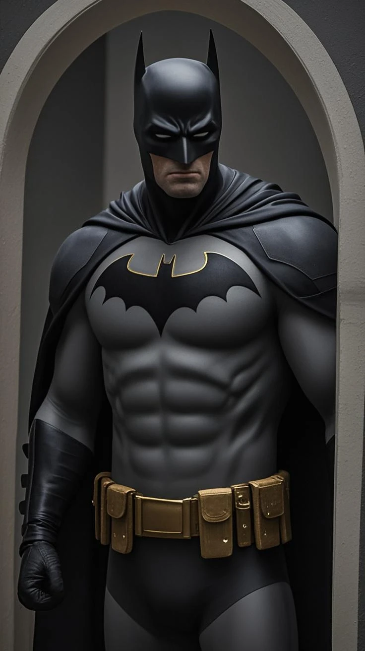 Marble statue of Batman、Uncolored marble、Integrated marble pedestal、Full body like、​masterpiece、art gallery、Warm color lighting、spot light、highcontrast、cinematlic lighting、top-quality、Top image quality