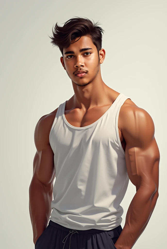 Create an 1 Indian young boy realistce face and six pack body and strong muscle and stylish hair cut and stylish pose.