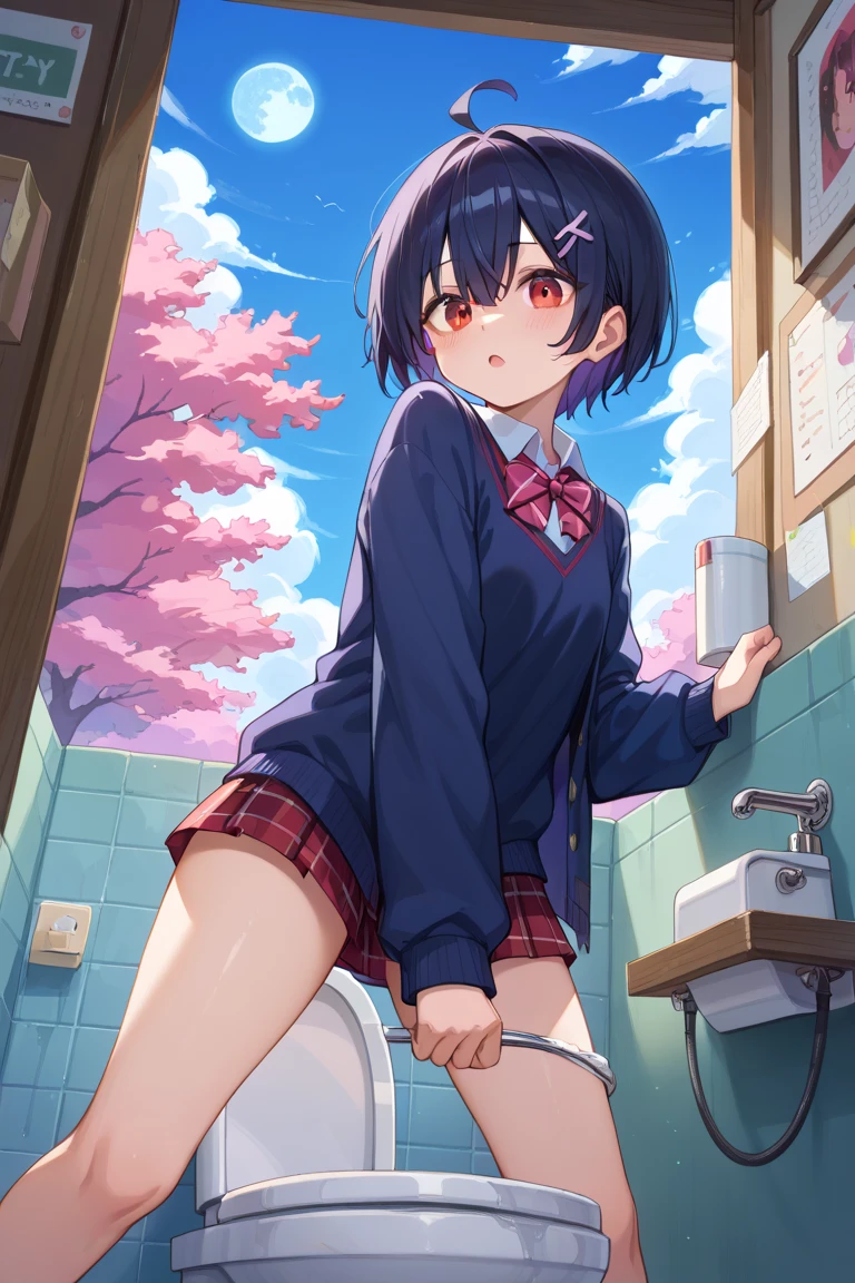 (((Rear view、doggy style、Focus on the butt、No panties)))(((Get on all fours and stick your butt out)))((masterpiece)),(Highest quality),Official Art,Very delicate and beautiful,Highly detailed CG,unity 8k wallpaper,Super detailed,Beautiful fine details,Highly detailed face,Outdoor,One girl,alone,Cowboy Shot,Severe,(small:1.2),short hair,Black Hair,Red eyes,Glowing Eyes,bangs,,Collared shirt,White shirt,Long sleeve,(((Small breasts)))Suspender skirt,Red Skirt,White socks,loafers,(((NEWS、Naughty pictures)))Japanese-style toilet