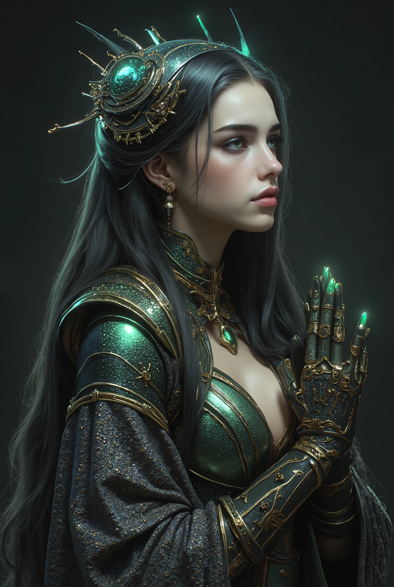 mysterious and beautiful female humanoid creature with glowing green eyes embedded in its iridescent armor, her hands are clasped together as if in prayer, elegant futuristic kimono with gold accents, monochrome color scheme, dramatic studio lighting, ultra detailed, by H. R. Giger and Yoji Shinkawa, anime style render