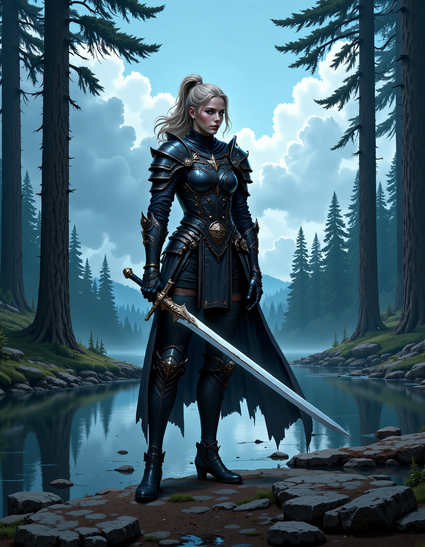 In RPG style, in style of Dungeons & Dragons, in style of fantasy painting. Full body view, looking at the viewer. Image of a female warrior, holding a sword with dark blade. Dark Armor. Dark pants. High leather boots with small heels. Blonde hair. ponytail hairstyle. Standing with both feet on the Forest lake shore, Pine Forest in the background. The sky is blue with white clouds.