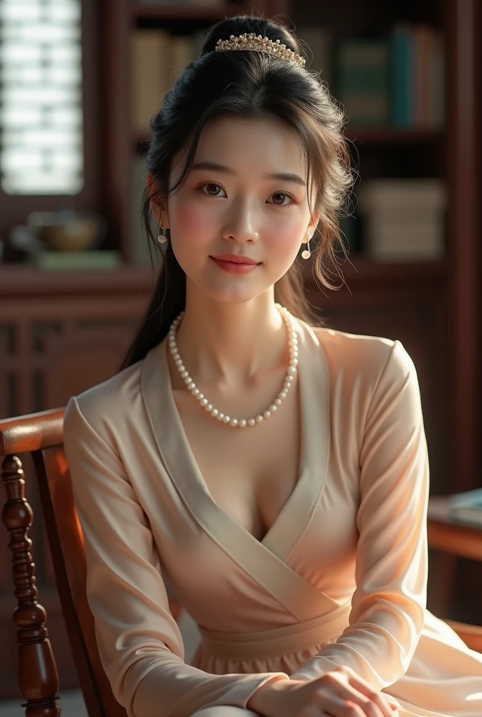 Kioto, 1944. A young ((((24-year-old)) Sayuri)), strikingly beautiful, delicate facial features, porcelain skin, expressive eyes, sewing clothes fabric, ((natural big breast)), ((((worker clothings from the 1940s)))), ((hairstyle of the 1940s)), colorful