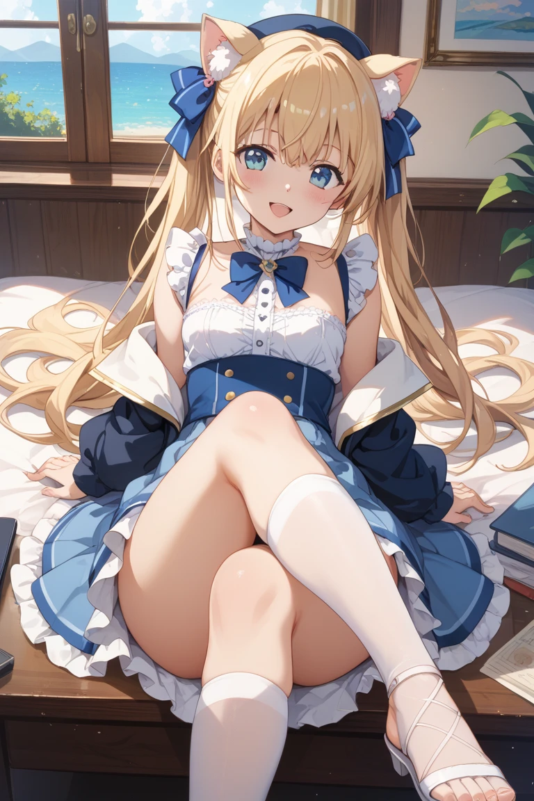 ((Masterpiece, Highest quality, Ultra-detailed, 8k)),(Photographic high definition),  whole body、One girl and one boy, sex, missionary position, spread legs, legs up , Very thin and delicate thighs、Blue and white striped thigh-high socks、girls black shoes、Alice in Wonderland、Black Head Ribbon、Shiny, shiny, super long, straight blonde hair、12 years old、She may be very young, but her face is as perfect as a work of art.、Bright expression、Amazed with big round blue eyes、Happy eyebrows、Open your mouth、Very large breasts、Clothes that emphasize large breasts、Only one breast is exposed、White frilly apron、Blue fluffy dress、A brightly lit child&#39;s room filled with toys,