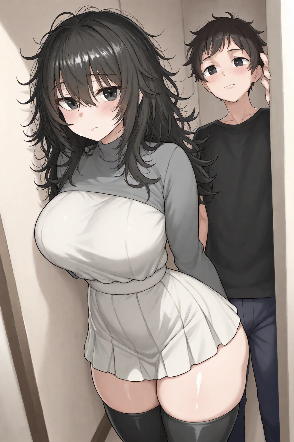 (8k、Best image quality、Highest quality、masterpiece)、Detailed face、One  girl、Black Hair、Bright Blue Eyes、Wicked Smile、((steam, sweat, Grin))、Small breasts、((White oversized long shirt)), Short sleeve、Bra straps、No off-the-shoulder underwear、Cowboy Shot、entrance、Open the door、(A half-naked, muscular, big black man hugging her from behind:1.5)、from the front、Facing forward
