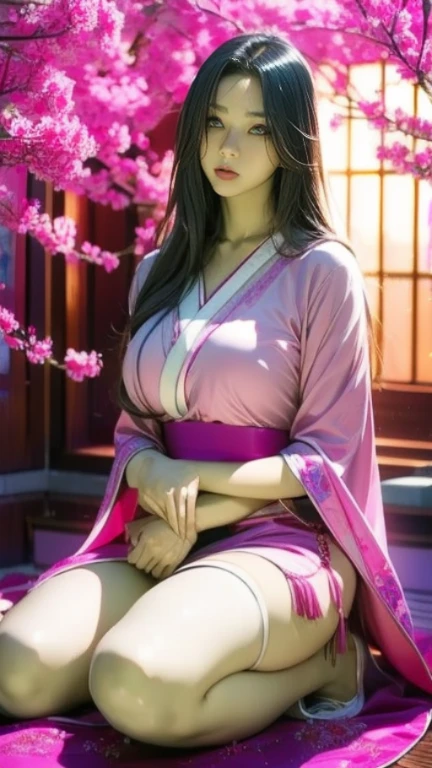 masterpiece, (pink kimono), seductive face, good lighting, décolleté, fine details, masterpiece, glowing eyes, 1girl, black hair, gag, bamboo, Nezuko Kamado, wisteria background, masterpiece, best quality, POV, whole body, wide hips,