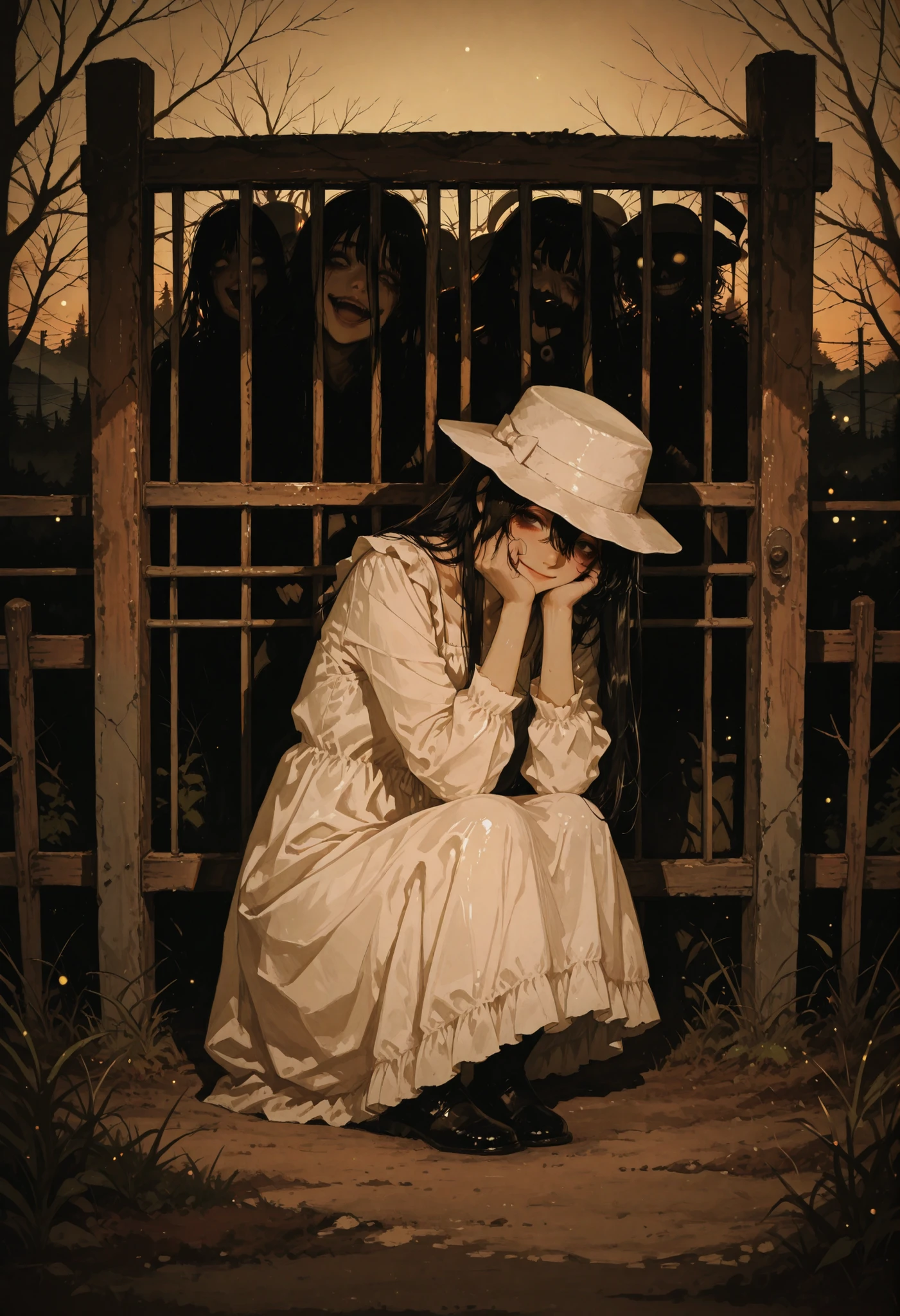 evening, dim atmosphere, Horror depictions, Woman hiding her face with a hat, 240cm tall woman, Eight feet, Creepy Woman , Peeking from the other side of the fence, Wearing a White Dress, white hat, Hide your face with a hat, dark haired, long hair, Shiny straight hair, bangs between eyes, Smile Yan:1.2, horror taste, High Quality, detailed facial details, 4K high quality, anime style, delicate texture, realistic skin texture, Bokeh Backgrounds, sophisticated lighting, Atmosphere that incites fear, detailed high definition illustration, bizarre, Utopian, Anime Style, Mysterious Light, rural landscape.