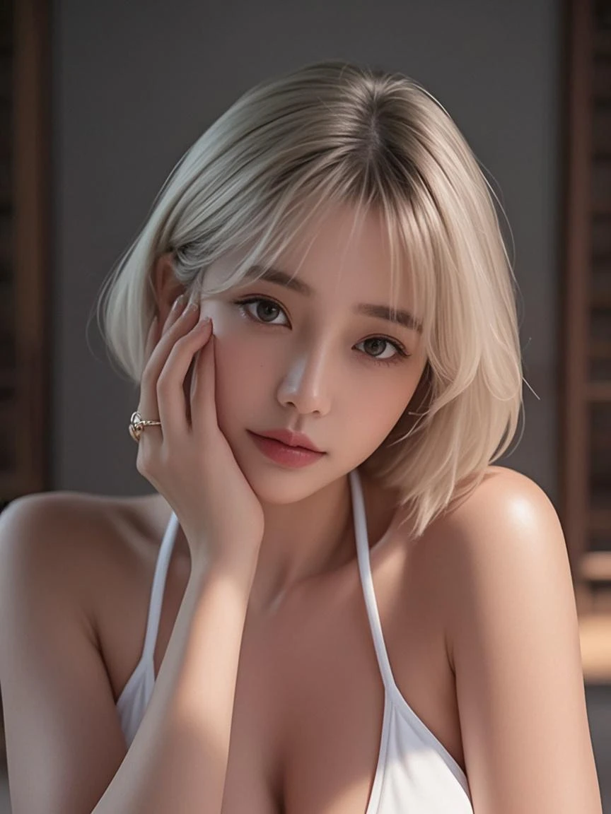 Highest quality、Masterpiece、High resolution、Masterpiece、 One Japanese woman、Beautiful adult woman、actress、2、Silver Hair、pixie Cut、The most beautiful face、(orgasm face:1.5)、Beautiful Skin、Cute eyes、Big eyes、Droopy eyes、Brown eyes、Thin lips、Glossy Lips、light makeup、Detailed hands、Detailed fingers、Biggest breasts 、Cleavage、Sexy body、Long and beautiful legs、Black Bikini、Looking into the camera、whole body、Lie down on the bed:1.3、Professional Lighting、ホテル、