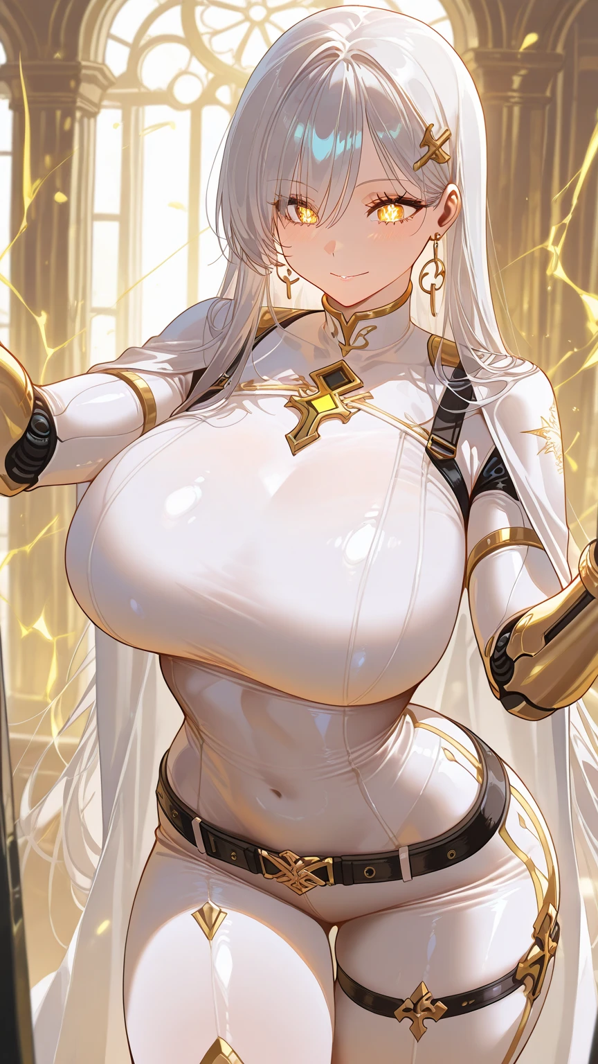 Beautiful white haired woman with detailed defined body using golden Spider-Man roleplay,gigantic cleavage breasts