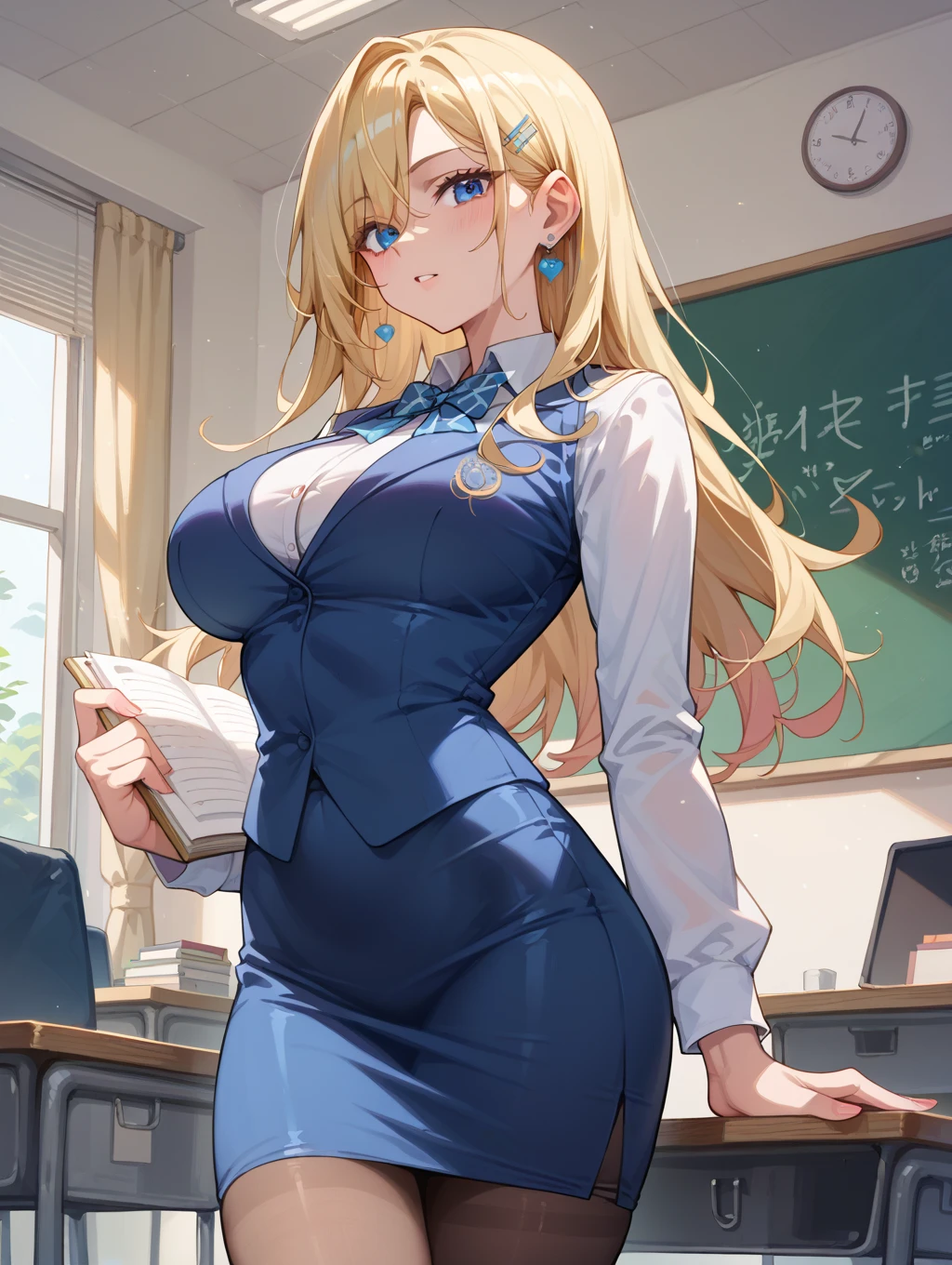 ((((kipteitei art)))), ((highres)),Masterpiece, high quality, best quality, beautiful, perfect lighting, detailed face, ultra cute face, ((1girl)), ((solo), long blonde hair, ponytail, blue eyes, glasses, embarrassed, ((blushing)), looking at viewer, arms crossed, standing in a classroom, (classroom), daytime, dress shirt, pencil skirt, thigh highs, (wide hips), ((thick thighs)), chubby, medium breasts, perky breasts, 24 year old female,
