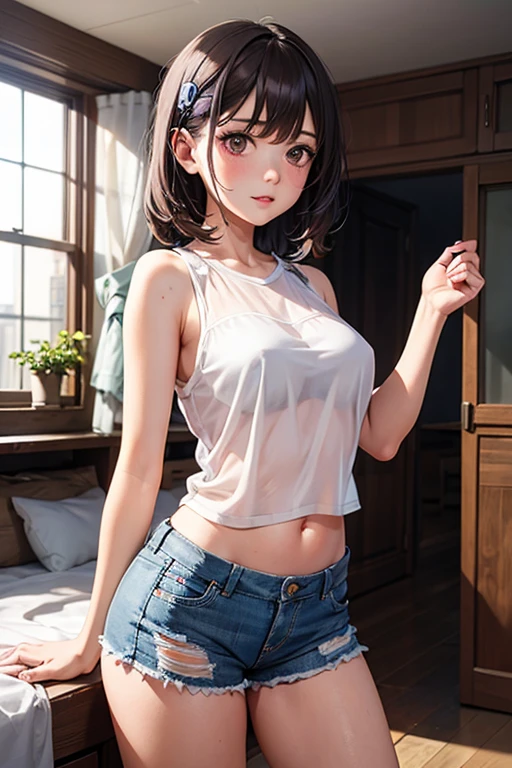 Best quality, 8k, 32k, Hyperrealist portrait of female by david hockney and alphonse mucha,fantasy art, photo realistic, dynamic lighting, artstation, poster, volumetric lighting, very detailed faces, 4 k, award winning,, 1girl, deep shadow, low key,cowboy shot,(official clothing:1.4) ,long hair, smile, sweat, 17 years old girls, japanese girl, transparant white shirt, hard breast, wet shirt, wet skin, no underwear