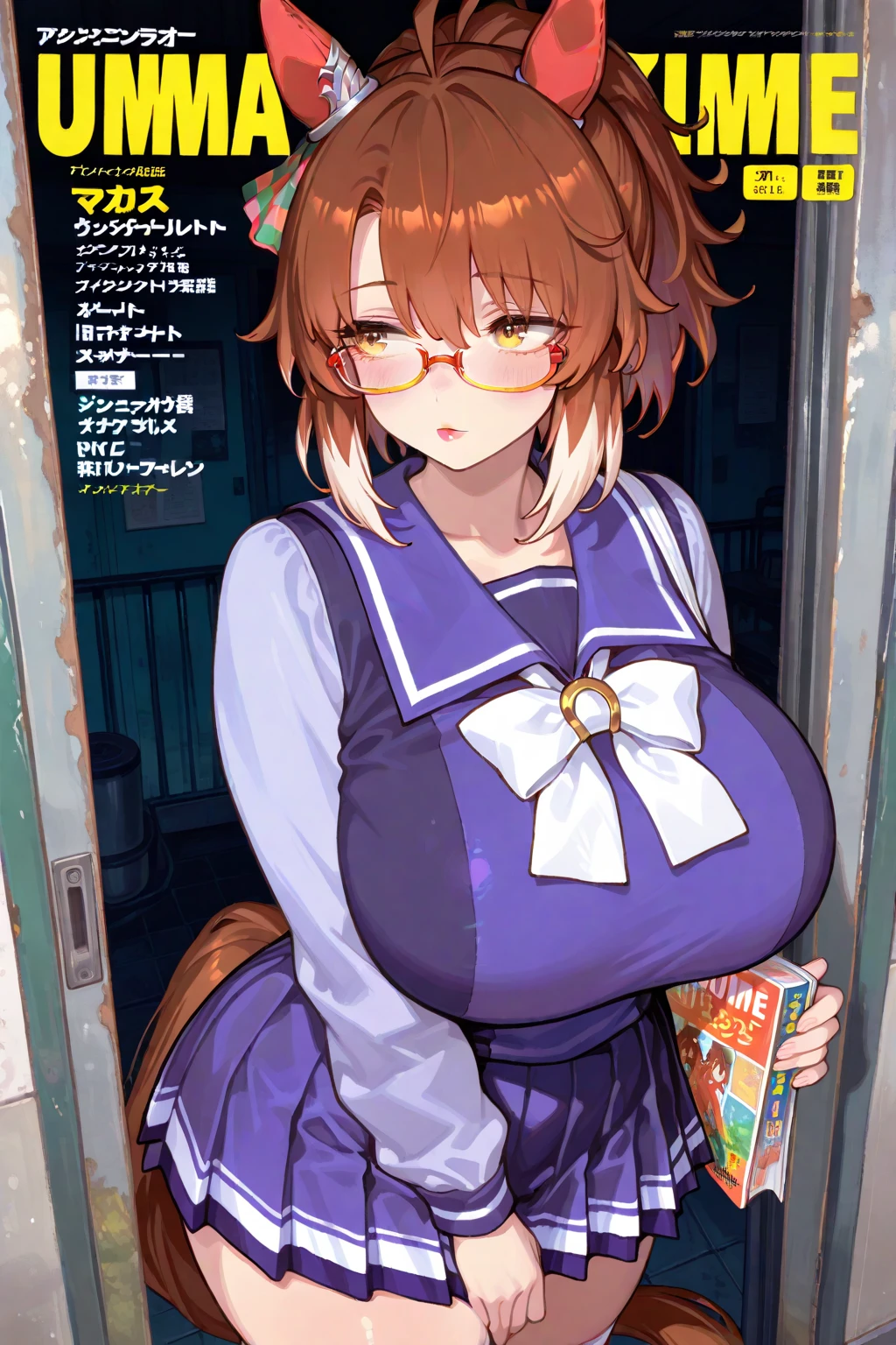 1 cute girl, (short stature:2.0, huge breasts:1.3, disproportionate breasts:1.3, thick legs:1.2, toddler body:1.2), two side up, long hair, BREAK (red hair:1.1), brown eyes, BREAK (naked:1.3), (blush, ;d, yuruyuri), full body, from front, BREAK at the adventurer's guild, A bulletin board with posted paper