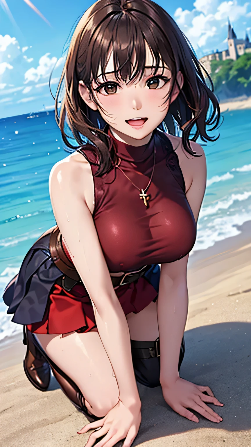 masterpiece, best quality, monica, single thighhigh, asymmetrical legwear, see-through, shy, beach, big breasts, looking at viewer, finger to mouth, jewelry, low twintails, <lora:monica-000018:0.5>