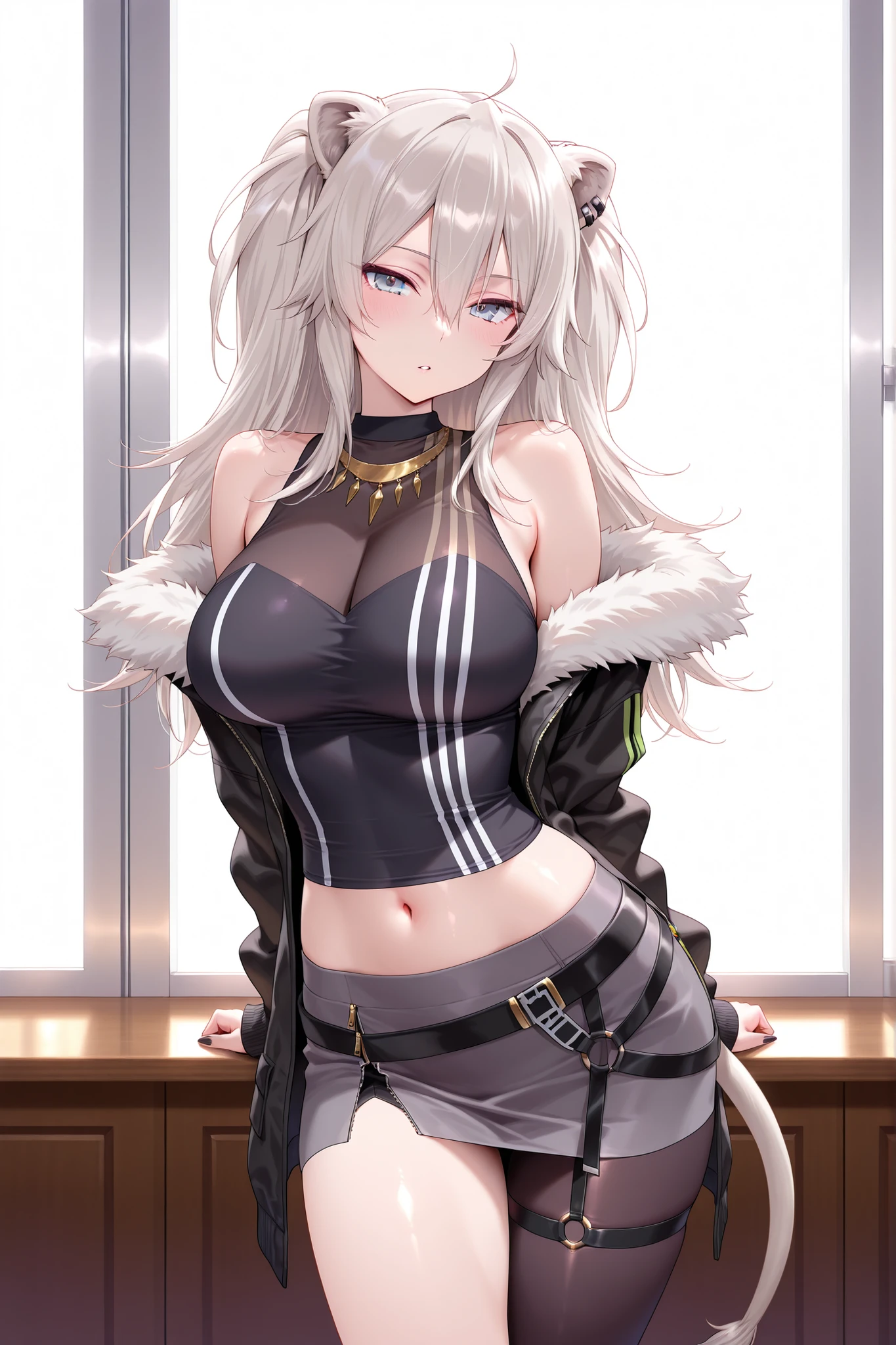 solo,masterpiece,best quality, amazing quality, highres, absurdres, very aesthetic, high resolution, ultra detailed, perfect details,botanIL, ear piercing, lion tail,botandef, long hair, navel, fur-trimmed jacket, hair between eyes, two side up, black jacket, black shirt, midriff, grey skirt, necklace, bare shoulders, miniskirt, single leg pantyhose, black pantyhose, sleeveless shirt, o-ring,,(masterpiece, detailed:1.2)、mature female,anime screencap