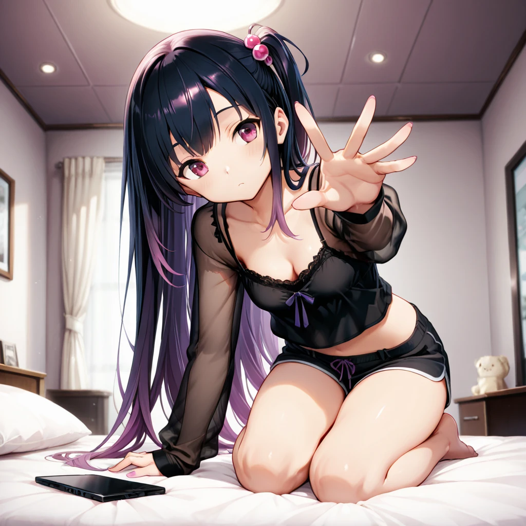 front view,looking at viewer, looking ahead,from above,cowboy shot,1girl,Beautiful 11 year old girl,Japanese,Slender,,low length,Small breasts,Thin legs,Small Ass,Baby Face,Small face,Black Hair,Row Twin Tails,Gray Eyes,Drooping eyes,middle School girls,A see-through black and purple negligee,Sexy Lingerie,open mouth,tongue out,front face,Kneeling,Put your chin forward,Beautiful and detailed anime art,Desire expression,Sexy vibe,cum on tongue,Dimly lit room,On the bed,Simple Background,Gray background,Pink lighting,pointing at self