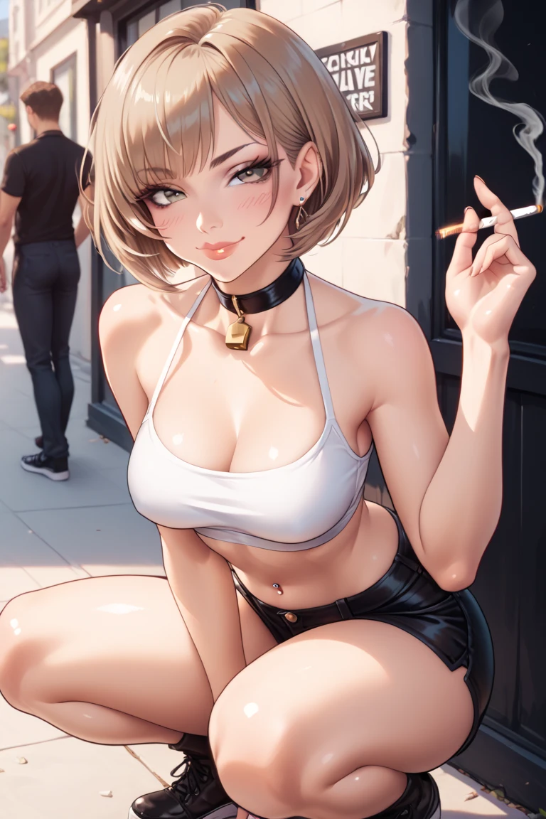 (Sexually approaching:1.35),(Sexually excited expression:1.4),(Dark Skin:1.78),(21 year old sexy slim gal teacher topless:1.35),(compensate:1.26),(Red false eyelashes),Beautiful breasts、(Have a look at this:1.5),(Suitable for brown hair、Messy shaggy cut hairstyle),(Naughty pink frilly panties),White mini skirt、blouse