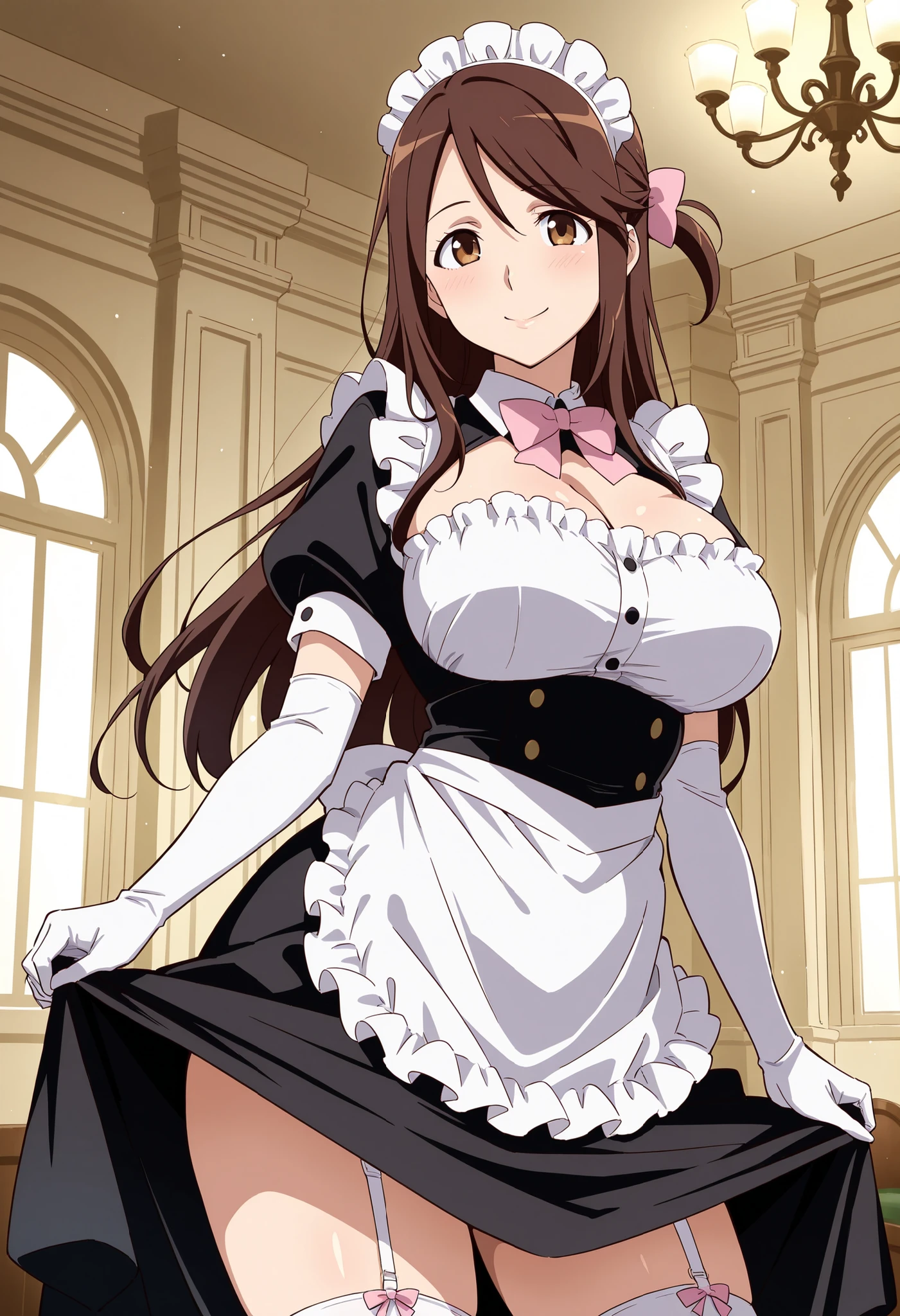 Score_9, score_8_up, score_7_up, source_anime, iida nana, solo, brown hair, long hair, one side up, hair bow, pink bow, brown eyes, large breasts, wide hips, mature female, (best quality), (high quality), {masterpiece}, extremely delicate and beautiful, ultra-detailed, beautiful detailed eyes, maid, black maid costume, short sleeves, puffy sleeves, white headdress, white frilled apron, white elbow gloves, white thighhighs, mansion, indoor, smile, closed mouth, standing
