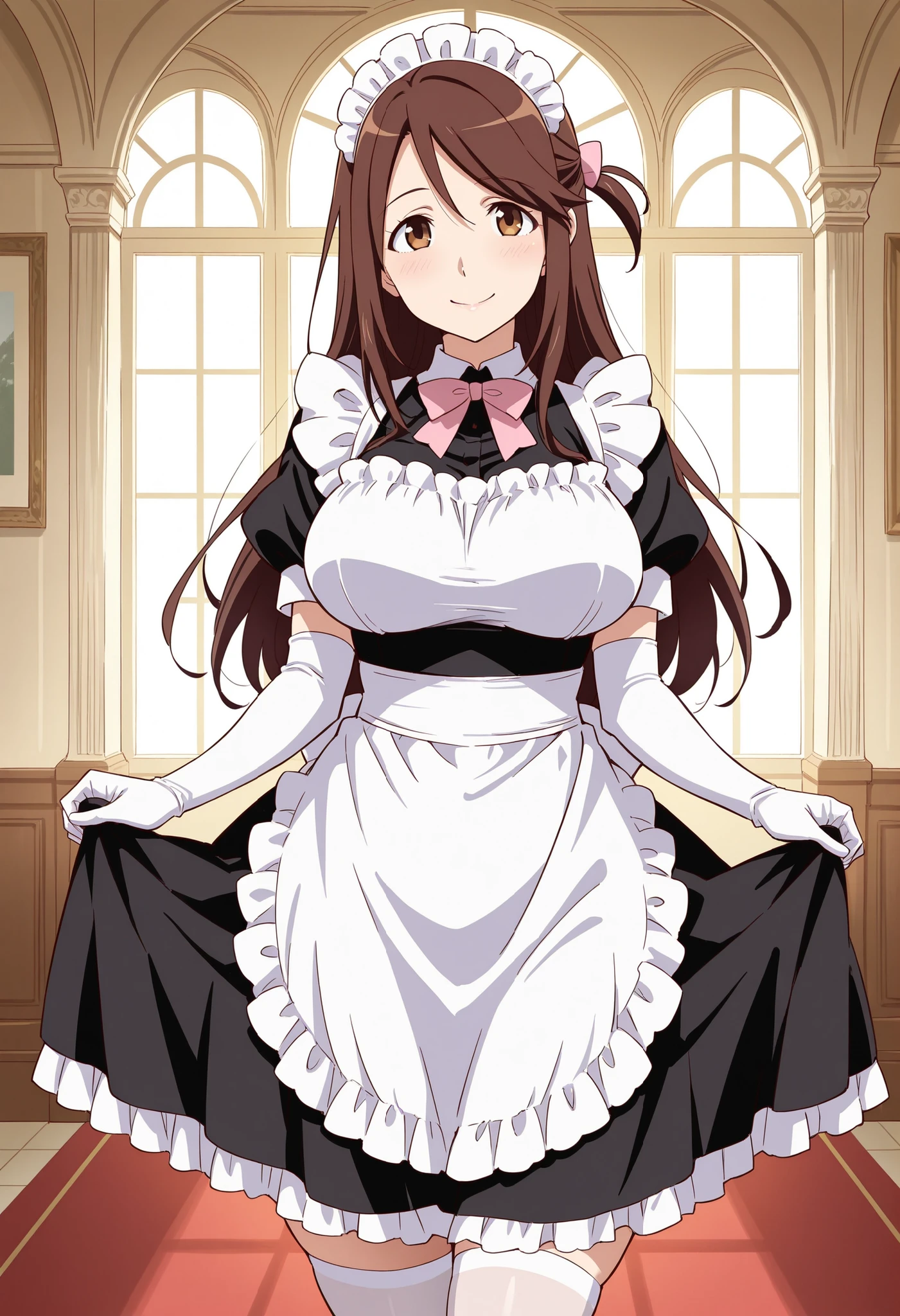 Score_9, score_8_up, score_7_up, source_anime, iida nana, solo, brown hair, long hair, one side up, hair bow, pink bow, brown eyes, large breasts, wide hips, mature female, (best quality), (high quality), {masterpiece}, extremely delicate and beautiful, ultra-detailed, beautiful detailed eyes, maid, black maid costume, short sleeves, puffy sleeves, white headdress, white frilled apron, white elbow gloves, white thighhighs, mansion, indoor, smile, closed mouth, standing