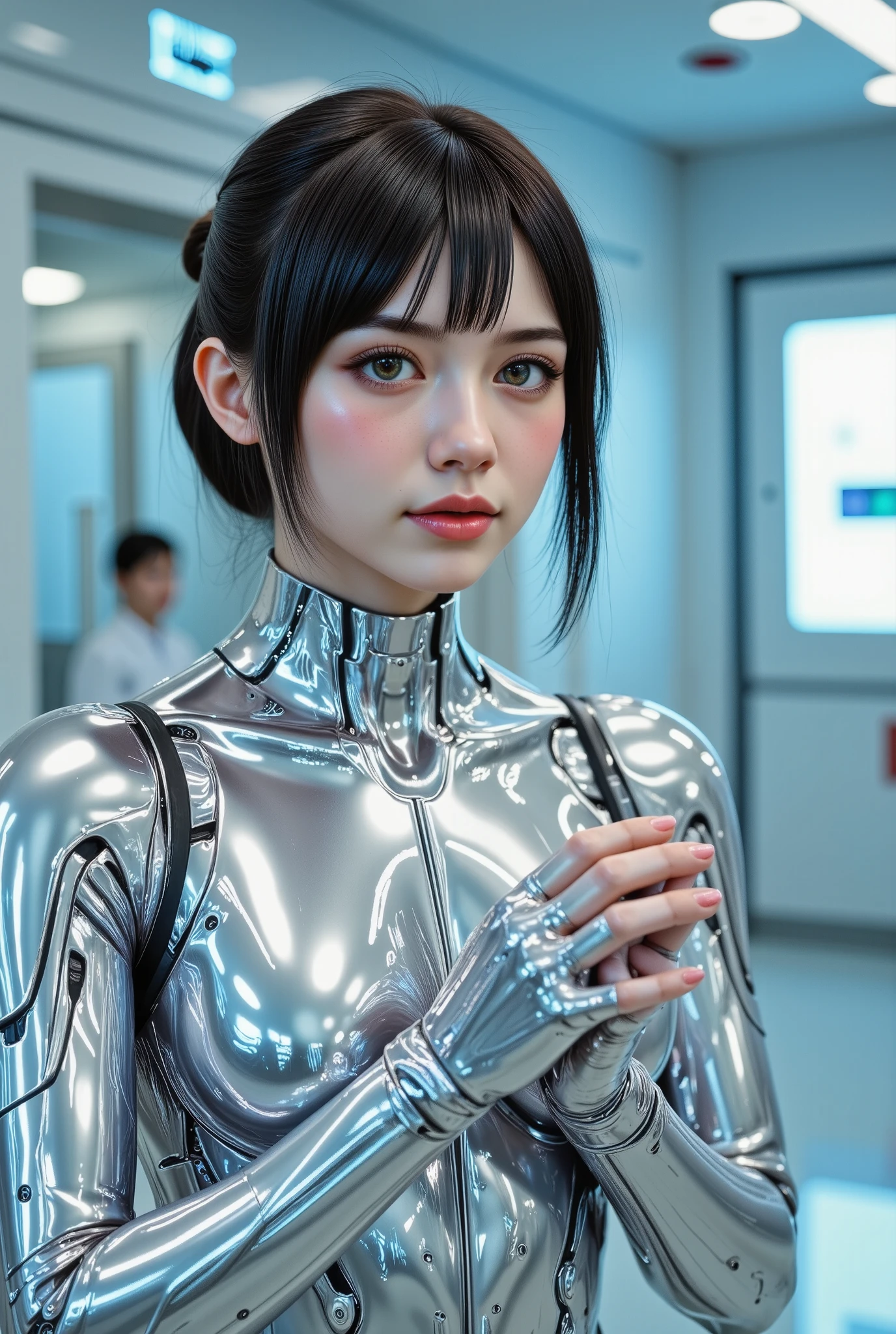 (best quality, 4k, highres, masterpiece:1.2) , ultra-detailed, (realistic, photorealistic:1.37),a highly detailed humanoid AI girlfriend with expressive synthetic iridescent eyes and semi-transparent metallic skin, intricate glowing circuitry visible beneath. Her face is sleek and elegant, with jointed chrome cheeks that shift to simulate smiling. Wearing a futuristic combat-chic bodysuit with embedded sensors and a soft mechanical voice emitter at her throat. She is gently tilting her head, hands clasped together in a delicate gesture of affection. Background: soft blue ambient light in a clean laboratory or futuristic observation chamber. Style: cybernetic realism x anime blend, warm emotional aura despite robotic features