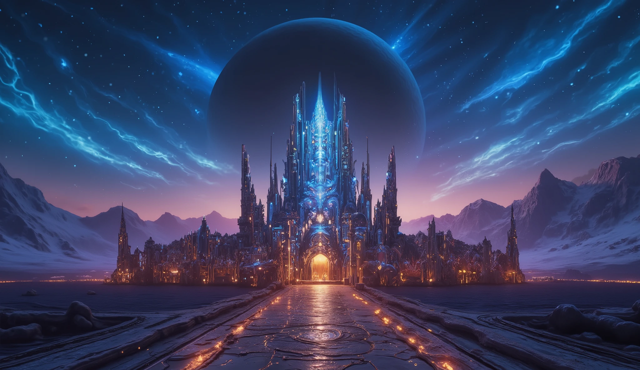 A majestic futuristic palace standing alone in an endless alien desert under a twilight sky. The architecture is tall, sleek, and luminous, with glowing spires and elegant curves. A massive blue planet dominates the sky, while distant rocky mesas and snowy mountain ranges stretch across the horizon. Ethereal stars and glowing particles float in the atmosphere, creating a mystical sci-fi atmosphere. Ultra-detailed, cinematic lighting, 8K, surreal landscape.