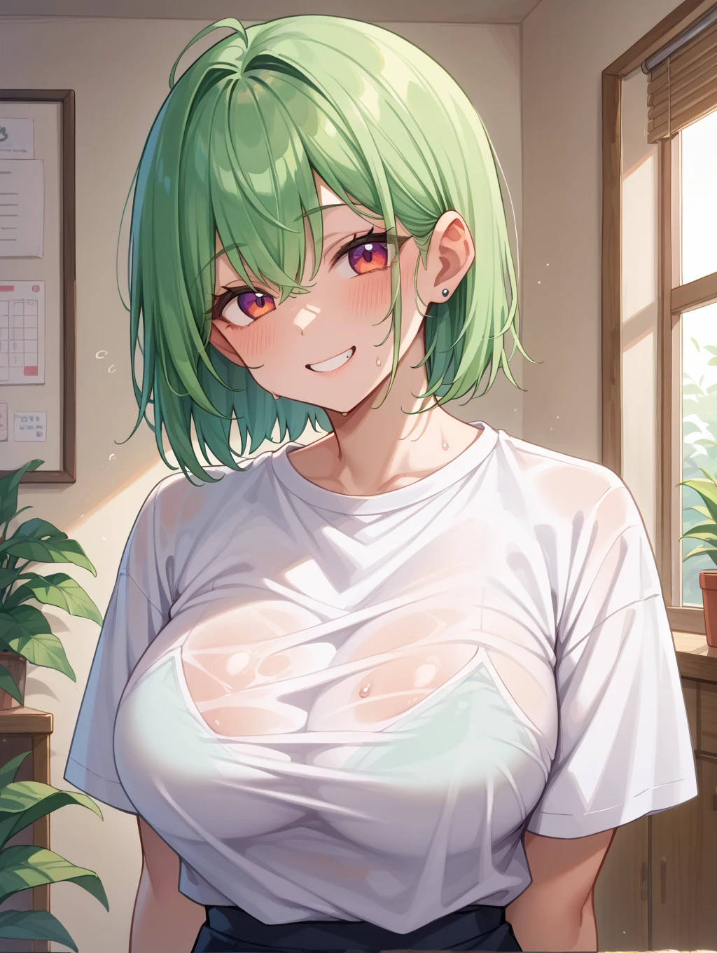 score_9, score_8_up, score_7_up, score_6_up, score_5_up, score_4_up, 1girl, Sucrose (genshin_impact), genshin_impact, green hair, small breasts, collarbone, breasts focus, floox style, \\\\\ jacket,, open clothes,green jacket, green track suit,, sportswear, standing, track jacket, green track pants, track suit, \\\\\ steam, steaming body, sweat,, rating_explicit, high resolution, deep breath, head out of frame, grey background, solo, nipple slip , , blush, , eyeglass frames, light green hair that is chin-length except for a section at the back of her head that goes down to her hips. She wears a pair of dark brown round spectacles. Sucrose also has pointed light green animal ears which she tries to hide with her hair; the animal they correspond to is unknown and it is the subject of some of Sucrose's investigations., blush, embarrassed, shy, spoken blush, glasses, nipple slip