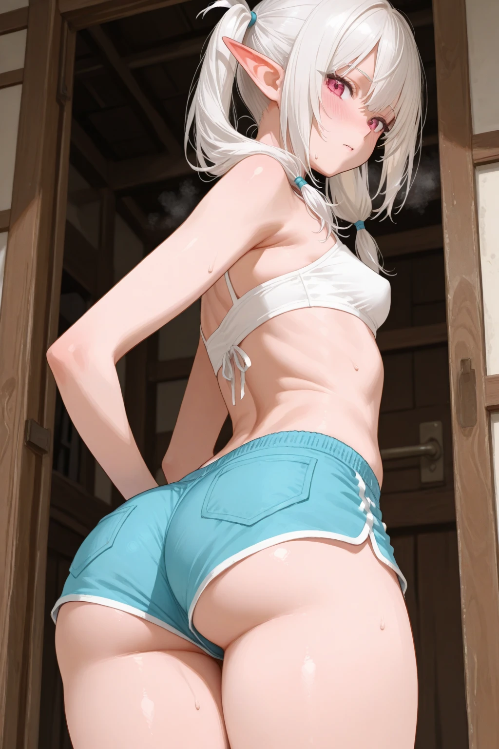 Rayanami, Rei Ayanami, Blue Hair, short hair, (Red eyes:1.5),Small head、
((She is mid-length , Smooth and fits the body, Subtle blue accents)),headgear, 
break outdoors, city,
break looking at viewer, 
break (Tabletop:1.2), Highest quality, High resolution, unity 8k wallpaper, (figure:0.8), (Beautiful attention to detail:1.6), Highly detailed face, Perfect lighting, Highly detailed CG, (Perfect hands, Perfect Anatomy),((Spread your legs:1.3))((Semen flows from white panties))((sitting on the steps of an abandoned concrete building:1.2)),((Medium Shot, From below)),