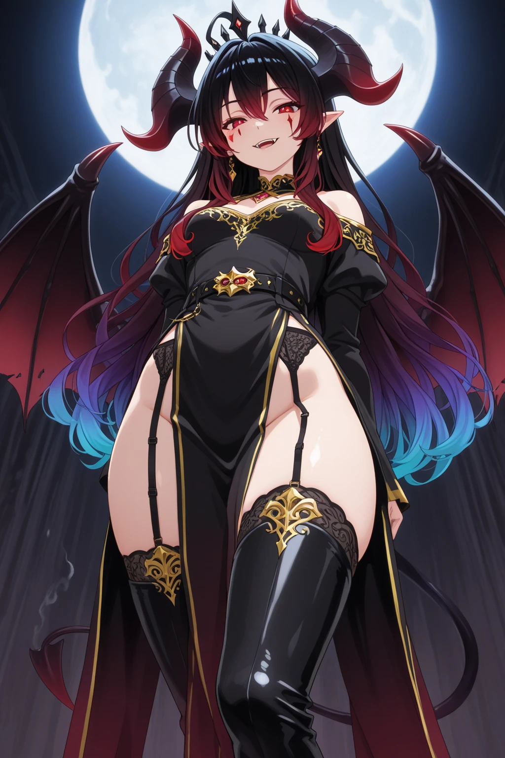 giant girl 50,000 feet high,Have a pair of long legs,Possessing a pair of huge blood-red demon wings,And a pair of blood-red devil eyes,Has blood-red waist-length hair,Loose hair,Wearing a pair of high heellood red curly hair,Holding a demon sword,A look of enjoyment,Standing tall in a small town crowded with people, destroying them wantonly,It seems like an invincible existence